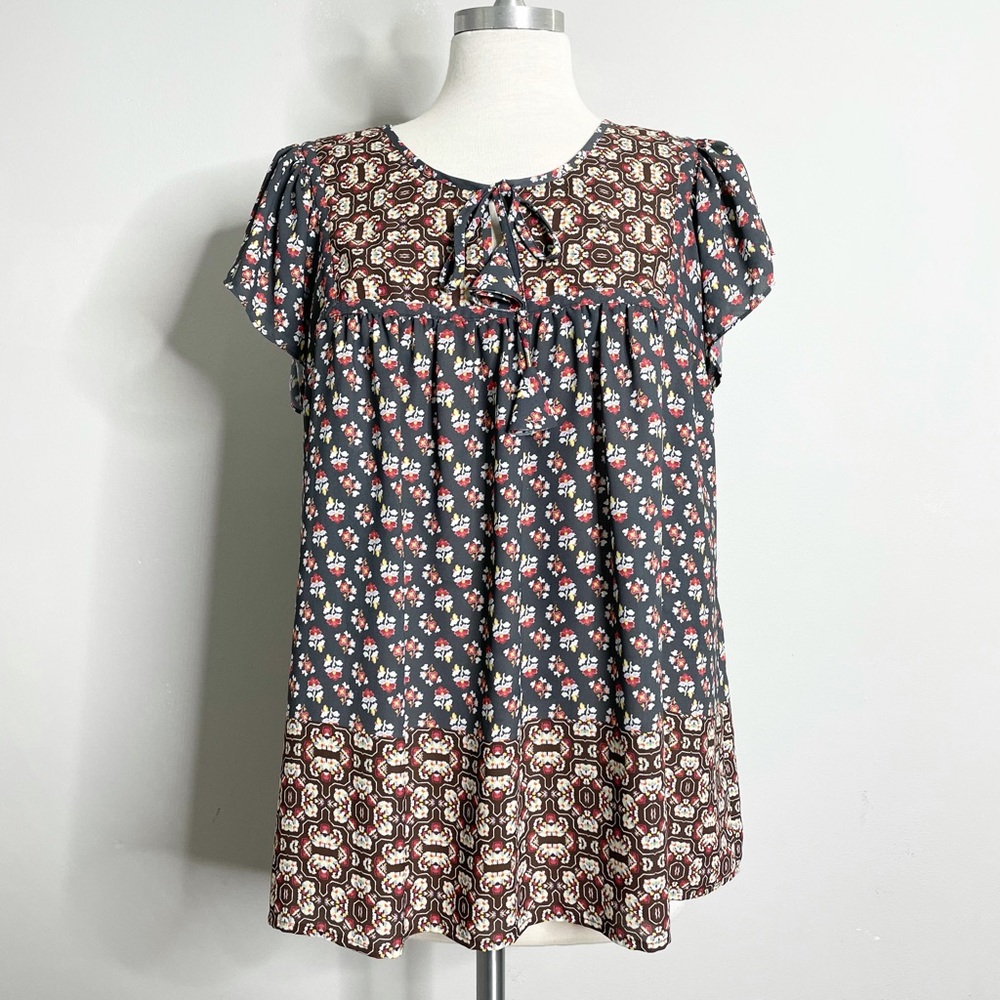 NYDJ Short Sleeve Tie Neck Floral Print Blouse